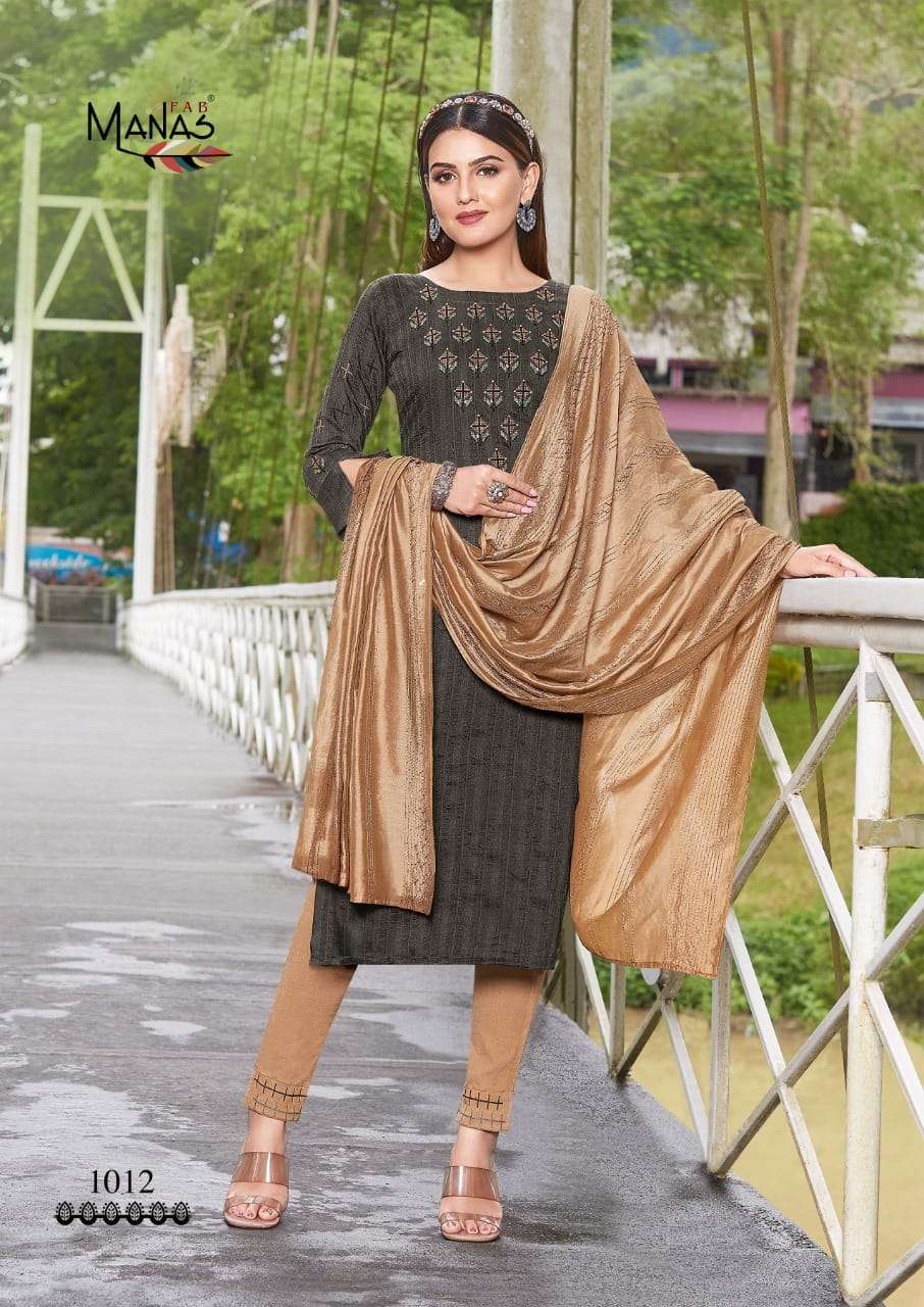 Manas Fab-  Sparkle Vol.2-Fabrics- Chinon Weaving-Embroidery-work-Kurti-Handwork-Full Inner-Rayon Slub Lycra-Pant-Chanderi Viscose-Crochet Work-Dupatta-1012